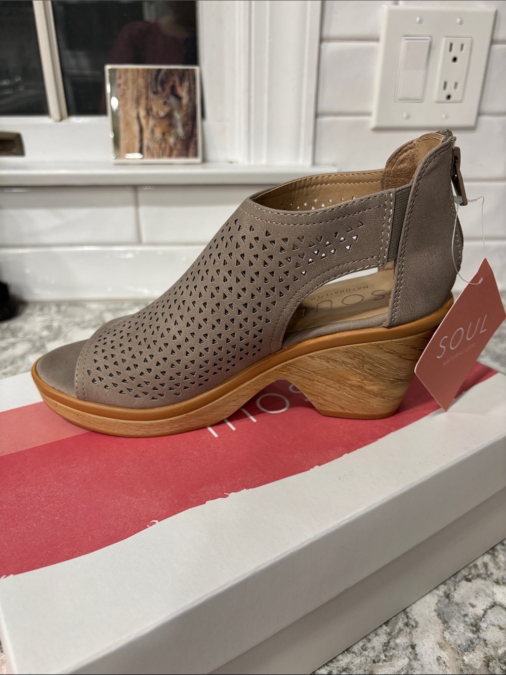 SOUL Naturalizer Taupe Perforated Wedge Bootie with Wood-Look Heel - Picture 4 of 5